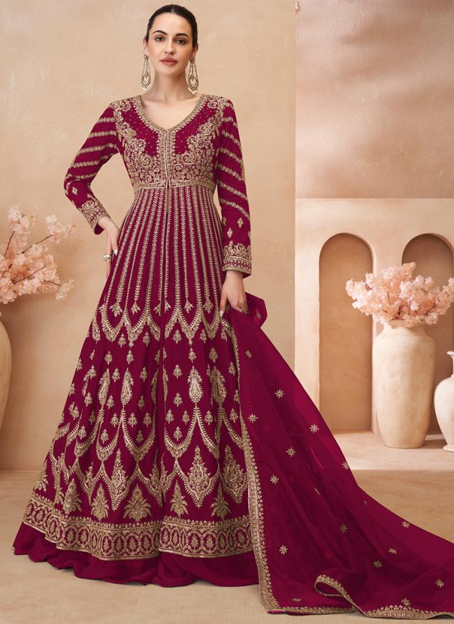 Chinnon Silk Pink Bridal Wear Embroidery Work Readymade Anarkali Suit